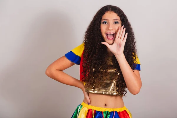 Young Teen Girl Brazilian Frevo Clothes Carnival Shouting Promotion Advertising — Stock Photo, Image