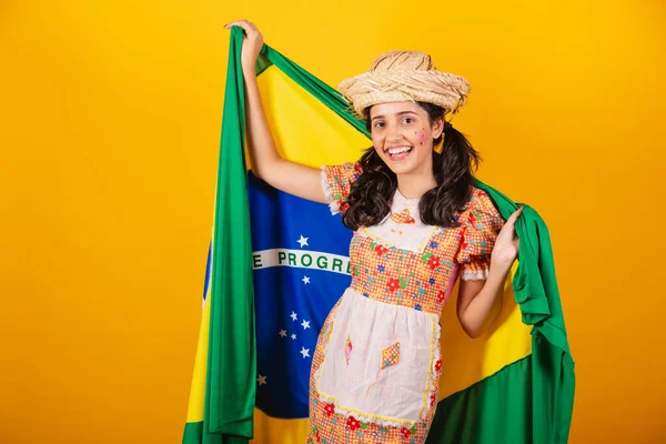 Бразільська Жінка Одягом Фести Джуніни Прапором Бразіля — стокове фото