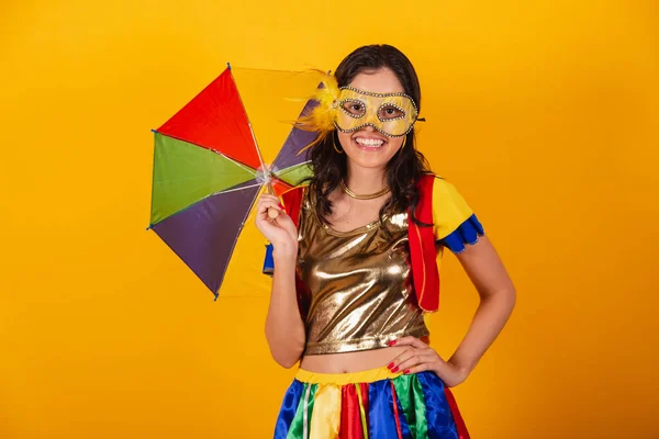 Beautiful Brazilian Woman Carnival Clothes Frevo Clothes Colorful Umbrella Mask — Stock Photo, Image