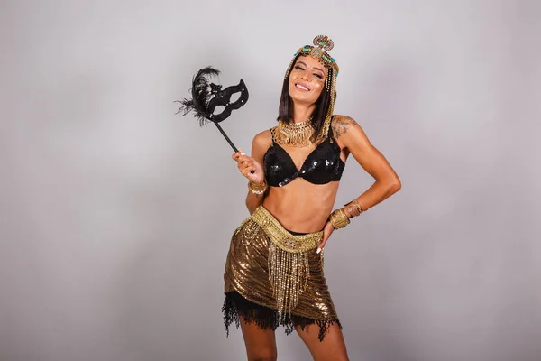 Horizontal Half Body Shot Beautiful Brazilian Woman Carnival Clothes Holding — Stock Photo, Image