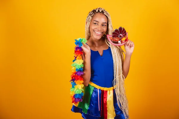 Beautiful Black Brazilian Woman Dressed Carnival Clothes Blue Yellow Background — Stock Photo, Image