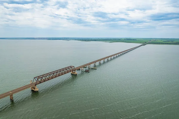 stock image Aerial capture of Tiet River. Intermodal waterway port.