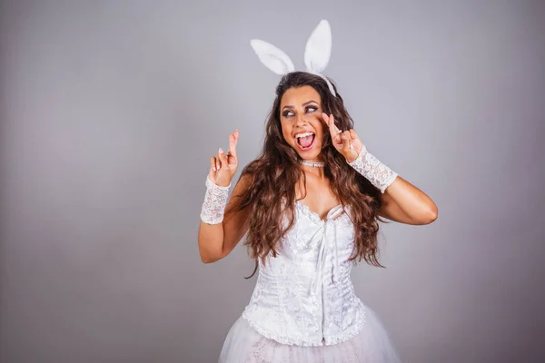 Brazilian Woman Bunny Clothes Fingers Crossed Cheering Wishing — Stock Photo, Image