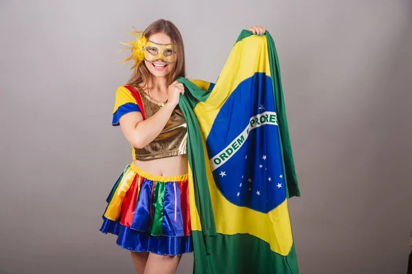 Donna Bionda Brasiliana Vestita Con Abiti Frevo Maschera Carnevale Con — Foto Stock