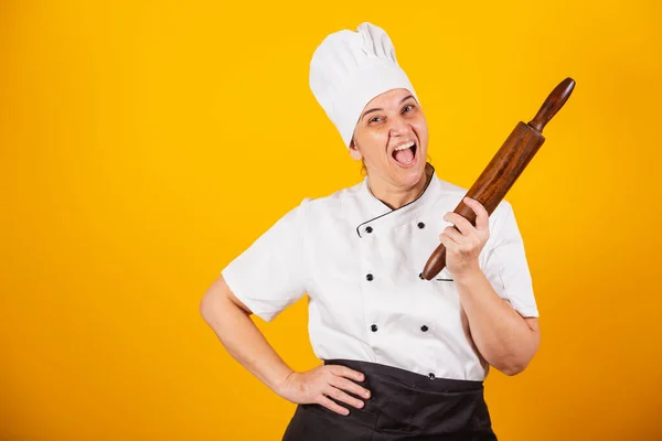 Adult Brazilian Woman Chef Master Gastronomy Cook Holding Wooden Rolling — Stock Photo, Image