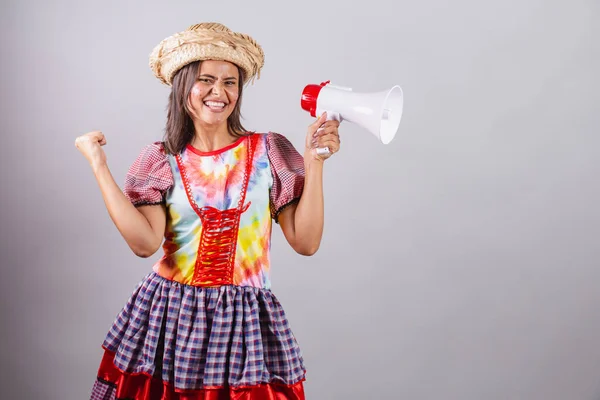 Mujer Brasileña Vistiendo Ropa Campo Fiesta Joo Fiesta Junina Con —  Fotos de Stock