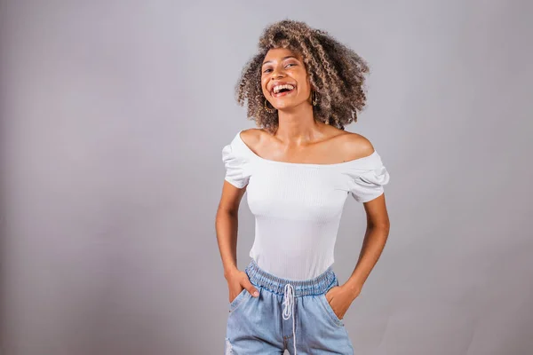 Beautiful Black Brazilian Woman Casual Clothes Hands Her Hips — Stock Photo, Image
