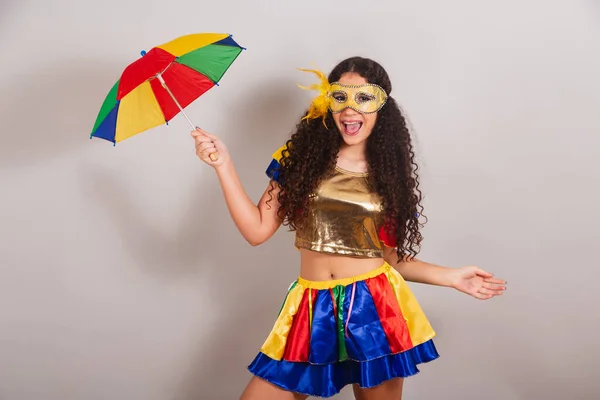 Νεαρή Έφηβη Βραζιλιάνα Ρούχα Frevo Καρναβάλι Κρατώντας Ομπρέλα Frevo Χορός — Φωτογραφία Αρχείου