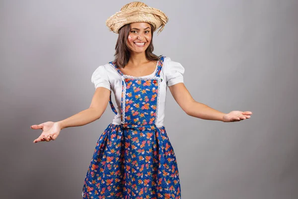 Brazilian Woman Wearing Country Clothes Joo Party Junina Party Open — Stock Photo, Image