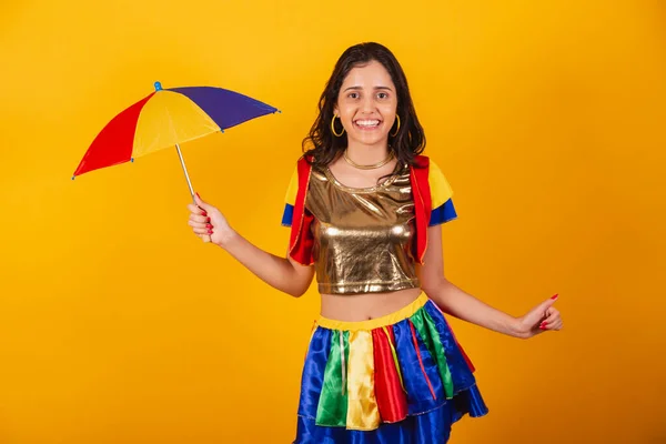 Beautiful Brazilian Woman Carnival Clothes Frevo Clothes Colorful Umbrella Dancing — Stock Photo, Image