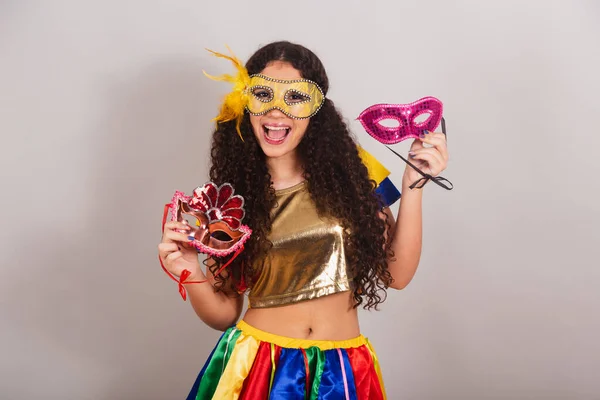Jong Tienermeisje Braziliaans Met Frevo Kleren Carnaval Met Carnavalsmaskers — Stockfoto