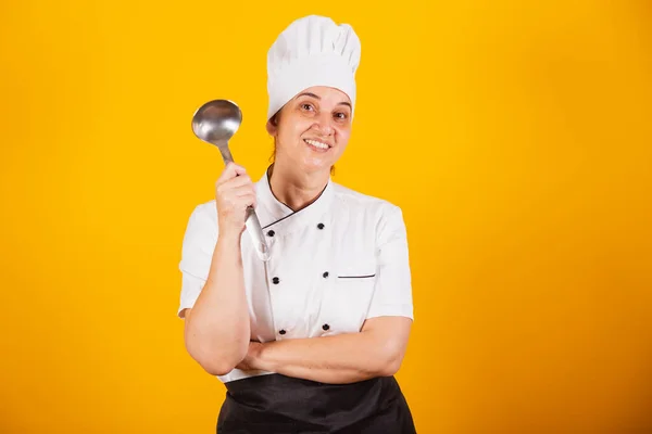 Femme Brésilienne Adulte Chef Maître Gastronomie Cuisiner Tenant Une Grande — Photo