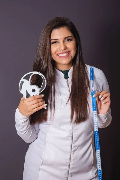 Horizontal Photo Brazilian Woman Medical Coat Nutritionist Adipometer Measuring Tape — Stock Photo, Image