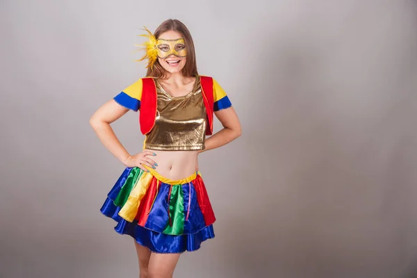 Mulher Loira Brasileira Vestida Com Roupas Frevo Máscara Carnaval Mão — Fotografia de Stock