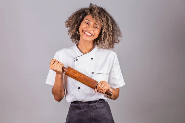 Jonge Zwarte Braziliaanse Vrouw Kok Chef Kok Restaurant Uniform Met — Stockfoto