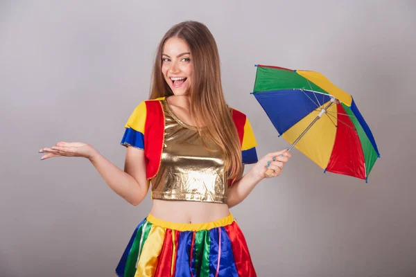 Brazilian Blonde Woman Dressed Frevo Clothes Carnival Colorful Frevo Umbrella — Stock Photo, Image