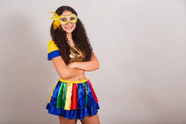 Young Teen Girl Brazilian Frevo Clothes Carnival Mask Arms Crossed — Stock Photo, Image