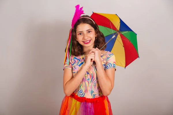 Brasilianisches Kind Mädchen Karnevalskostüm Tanzt Mit Frevo Regenschirm — Stockfoto