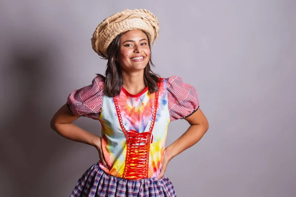 Femme Brésilienne Vêtue Vêtements Campagne Fête Joo Fête Junina Poses — Photo
