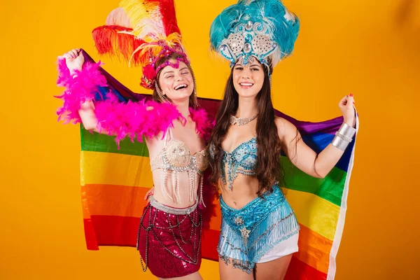 Twee Vrouwelijke Braziliaanse Vriendinnen Carnavalskleding Met Lgb Vlag — Stockfoto