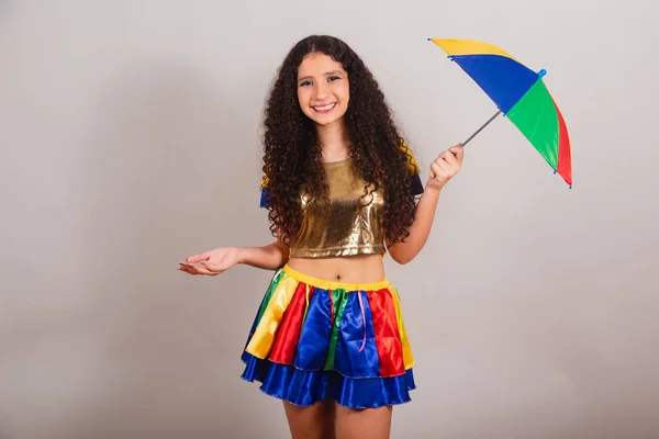 Mladá Dívka Brazilka Frevo Oblečením Karneval Vítaným Deštníkem — Stock fotografie