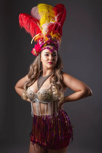 垂直拍摄 半身躯 美丽的巴西女人在狂欢节的衣服 摆出姿势拍照 — 图库照片