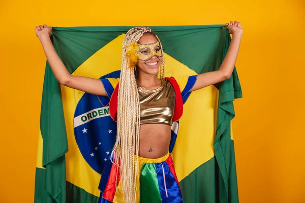 Bela Mulher Brasileira Negra Vestida Com Roupas Carnaval Máscara Fundo — Fotografia de Stock