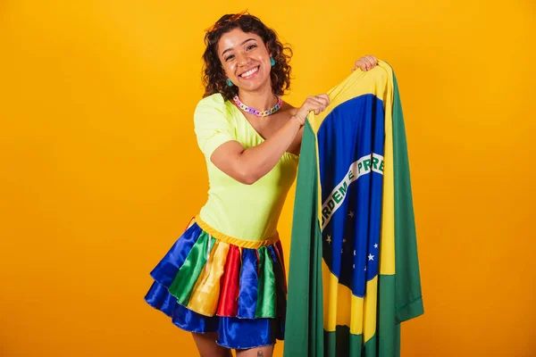 Bella Donna Afro Americana Brasiliana Abiti Carnevale Tenendo Bandiera Del — Foto Stock