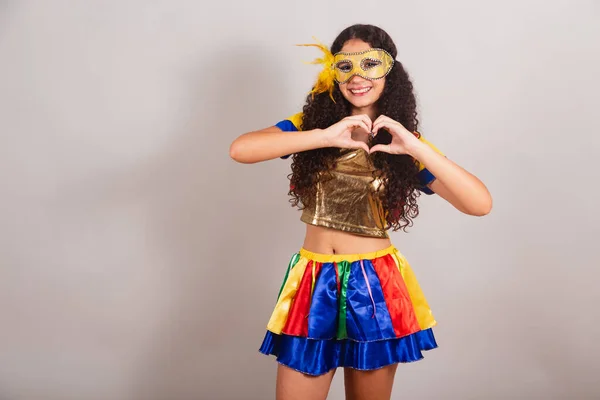Giovane Ragazza Adolescente Brasiliana Con Abiti Frevo Carnevale Maschera Segno — Foto Stock