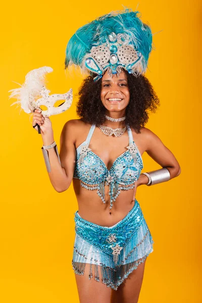 Mulher Negra Rainha Escola Brasileira Samba Com Roupas Carnaval Azul — Fotografia de Stock