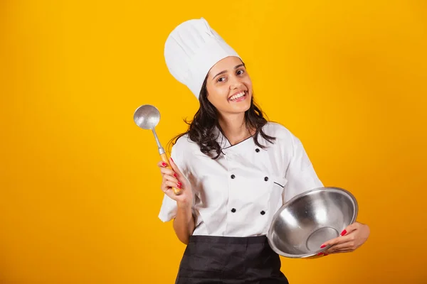 Femme Brésilienne Chef Cuisinier Tenant Cuillère Bol — Photo