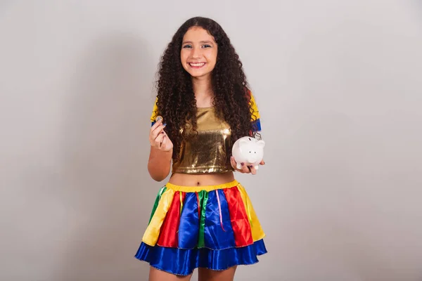 Young Teen Girl Brazilian Frevo Clothes Carnival Holding Piggy Bank — Stock Photo, Image