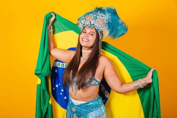 Bela Mulher Brasileira Com Roupas Carnaval Azul Coroa Penas Rainha — Fotografia de Stock
