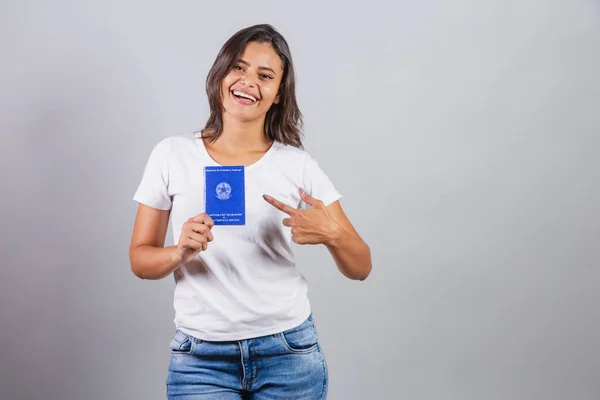 Brazilian Woman Holding Work Card Brazilian Document Form Work Human — Stock Photo, Image