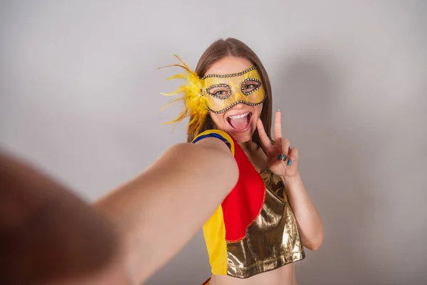 Brazilian Blonde Woman Dressed Frevo Clothes Carnival Mask Taking Selfie — Stock Photo, Image