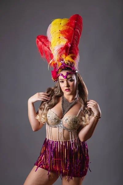 Vertikalt Skott Halv Kropp Vacker Brasiliansk Kvinna Karnevalskläder Poserar För — Stockfoto