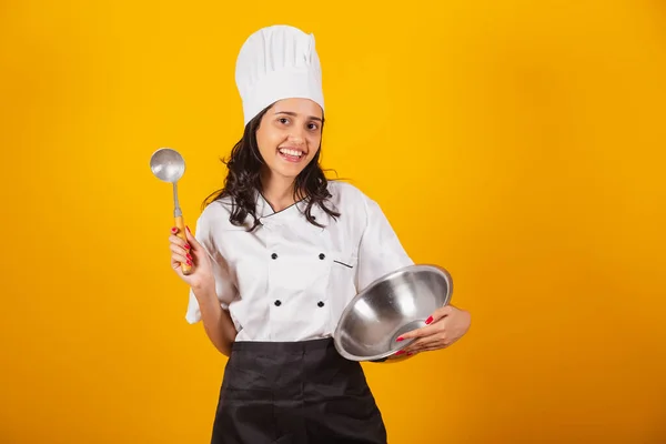 Femme Brésilienne Chef Cuisinier Tenant Cuillère Bol — Photo