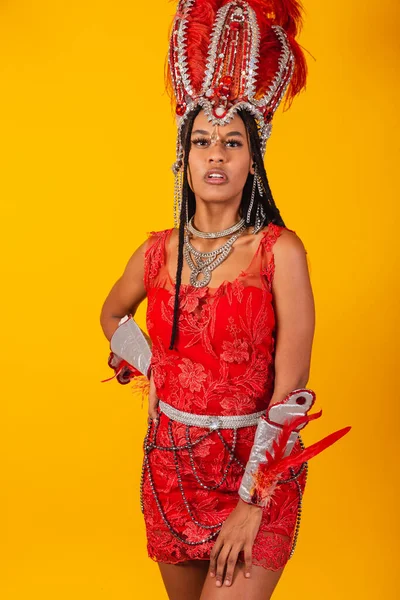 Beautiful Black Brazilian Woman Red Carnival Clothes Vertical Photo — Stock Photo, Image
