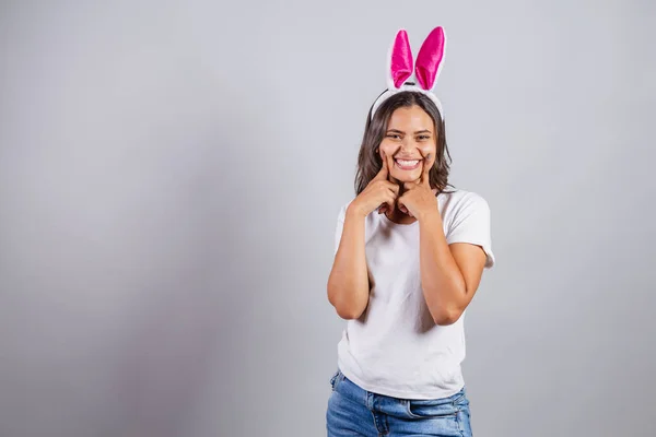 Brazilian Woman Bunny Ears Easter Smiling Happily Wow — Stock Photo, Image