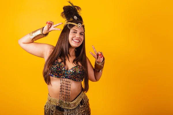 Beautiful Brazilian Woman Golden Carnival Clothes Making Peace Love Sign — Stock Photo, Image