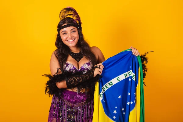 Brazilian Woman Wearing Carnival Clothes Holding Flag — Stock Photo, Image