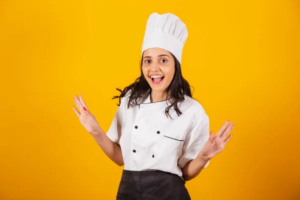 Brazilian Woman Head Chef Cook Surprised Amazing — Stock Photo, Image