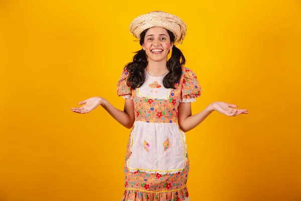 Beautiful Brazilian Woman June Party Clothes Laughing Open Arms Welcome — Stock Photo, Image