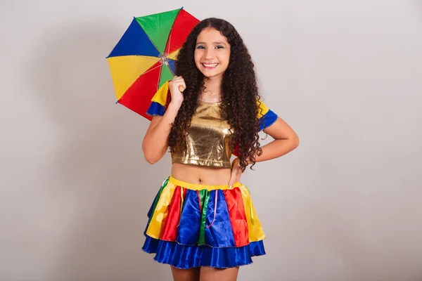 Jovem Adolescente Brasileira Com Roupas Frevo Carnaval Com Guarda Chuva — Fotografia de Stock