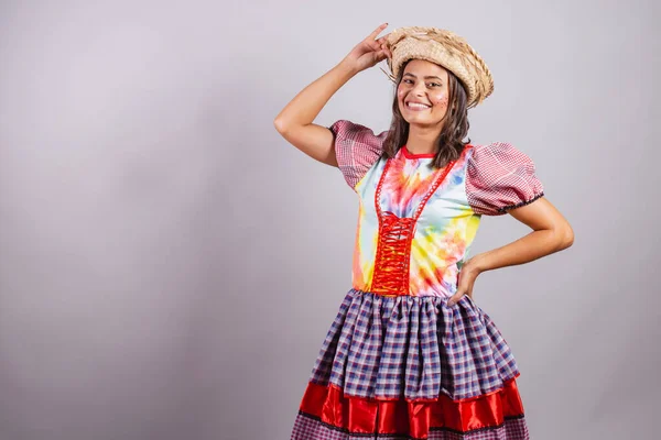 Braziliaanse Vrouw Plattelandskleding Joo Party Junina Party Handen Taille Hoed — Stockfoto