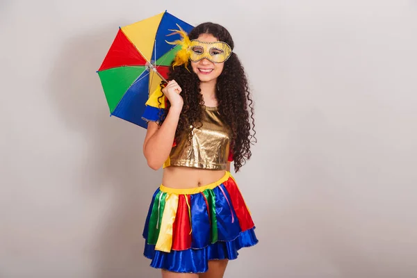Jovem Adolescente Brasileira Com Roupas Frevo Carnaval Segurar Guarda Chuva — Fotografia de Stock