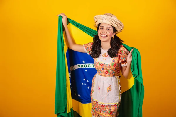 Femeie Braziliană Haine Festa Junina Steag Brazil — Fotografie, imagine de stoc
