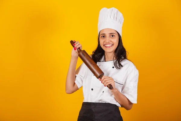 Femme Brésilienne Chef Cuisinier Tenant Rouleau Bois — Photo