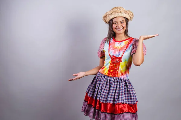 Бразилька Одягнена Сільський Одяг Вечірка Джуніна Вітаємо Руки Вітаю — стокове фото