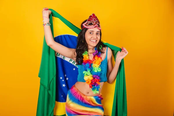 Bella Donna Brasiliana Abiti Carnevale Con Bandiera Del Brasile — Foto Stock